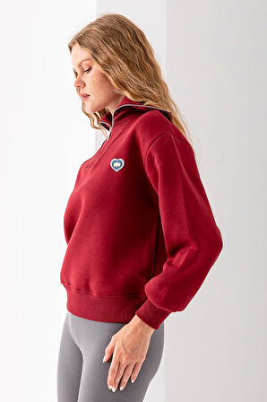 Kadın Yarım Fermuarlı Taşlı Kalp Nakışlı 3İp Sweatshirt Bordo - 2665