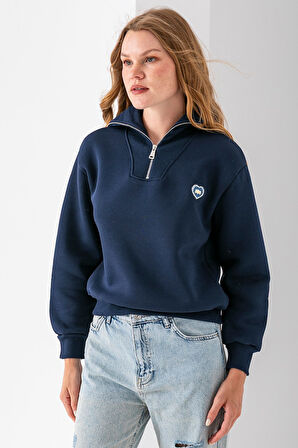 Kadın Yarım Fermuarlı Taşlı Kalp Nakışlı 3İp Sweatshirt Lacivert - 2665