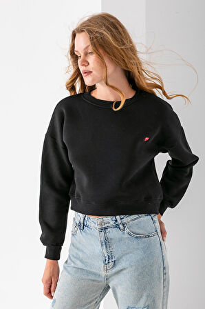 Kadın Bisiklet Yaka Kalp Nakışlı 3İp Crop Sweatshirt Siyah - 2669