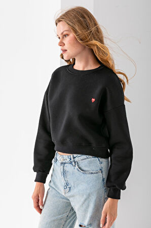 Kadın Bisiklet Yaka Kalp Nakışlı 3İp Crop Sweatshirt Siyah - 2669