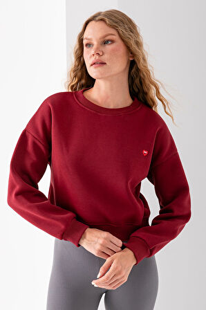 Kadın Bisiklet Yaka Kalp Nakışlı 3İp Crop Sweatshirt Bordo - 2669