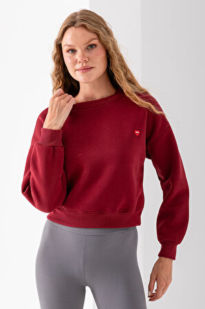 Kadın Bisiklet Yaka Kalp Nakışlı 3İp Crop Sweatshirt Bordo - 2669
