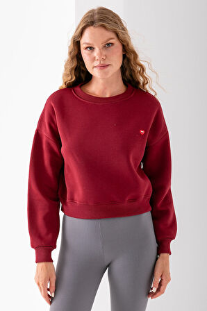 Kadın Bisiklet Yaka Kalp Nakışlı 3İp Crop Sweatshirt Bordo - 2669