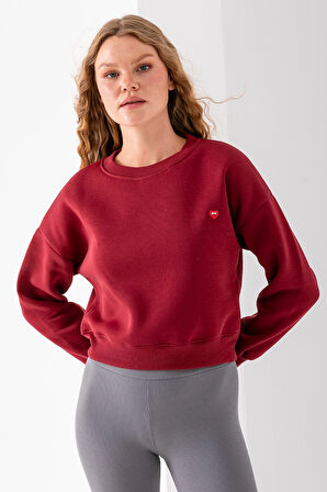 Kadın Bisiklet Yaka Kalp Nakışlı 3İp Crop Sweatshirt Bordo - 2669
