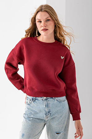 Kadın Bisiklet Yaka Kelebek Aksesuarlı 3İp Crop Sweatshirt Bordo - 2670