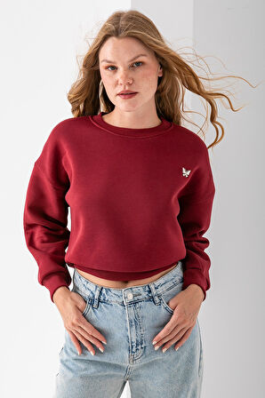 Kadın Bisiklet Yaka Kelebek Aksesuarlı 3İp Crop Sweatshirt Bordo - 2670