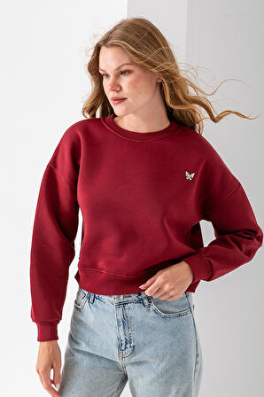 Kadın Bisiklet Yaka Kelebek Aksesuarlı 3İp Crop Sweatshirt Bordo - 2670