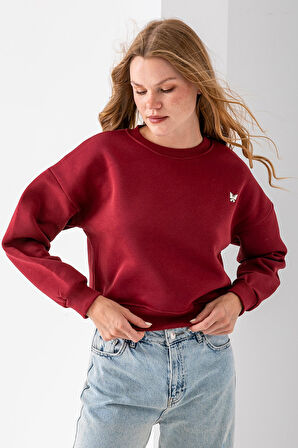 Kadın Bisiklet Yaka Kelebek Aksesuarlı 3İp Crop Sweatshirt Bordo - 2670