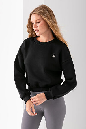 Kadın Bisiklet Yaka Kelebek Aksesuarlı 3İp Crop Sweatshirt Siyah - 2670