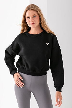 Kadın Bisiklet Yaka Kelebek Aksesuarlı 3İp Crop Sweatshirt Siyah - 2670