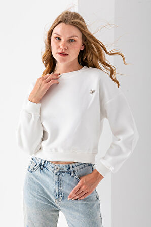 Kadın Bisiklet Yaka Kelebek Aksesuarlı 3İp Crop Sweatshirt Beyaz - 2670