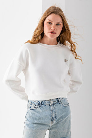 Kadın Bisiklet Yaka Kelebek Aksesuarlı 3İp Crop Sweatshirt Beyaz - 2670
