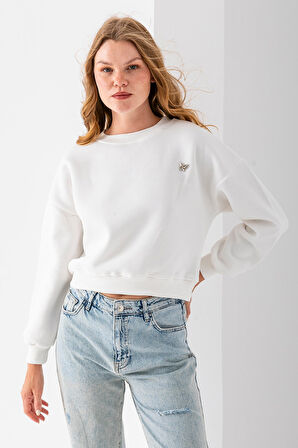Kadın Bisiklet Yaka Kelebek Aksesuarlı 3İp Crop Sweatshirt Beyaz - 2670
