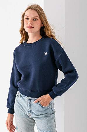 Kadın Bisiklet Yaka Kelebek Aksesuarlı 3İp Crop Sweatshirt Lacivert - 2670