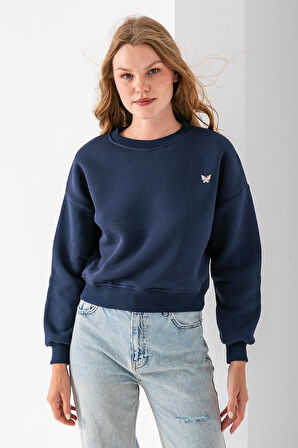 Kadın Bisiklet Yaka Kelebek Aksesuarlı 3İp Crop Sweatshirt Lacivert - 2670