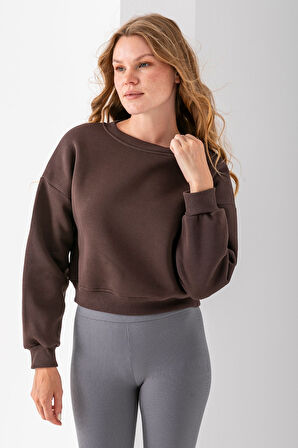 Kadın Bisiklet Yaka Kelebek Aksesuarlı 3İp Crop Sweatshirt Kahverengi - 2670