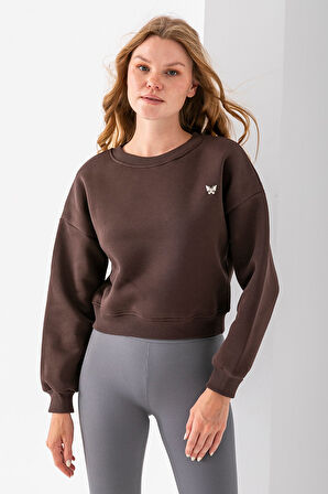 Kadın Bisiklet Yaka Kelebek Aksesuarlı 3İp Crop Sweatshirt Kahverengi - 2670