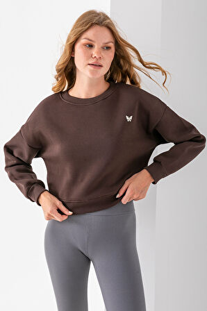 Kadın Bisiklet Yaka Kelebek Aksesuarlı 3İp Crop Sweatshirt Kahverengi - 2670