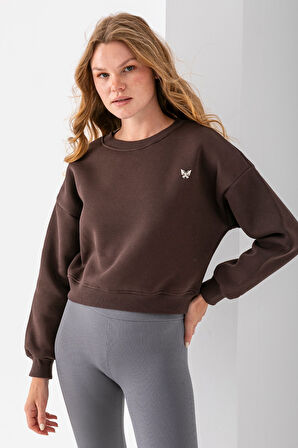 Kadın Bisiklet Yaka Kelebek Aksesuarlı 3İp Crop Sweatshirt Kahverengi - 2670