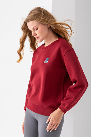 Kadın Bisiklet Yaka Taşlı Ayıcık Nakışlı 3İp Sweatshirt Bordo - 2625