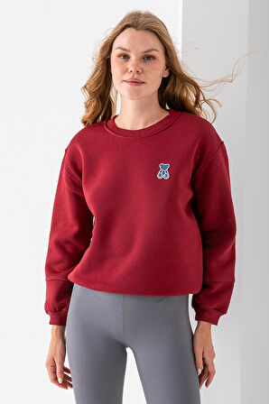 Kadın Bisiklet Yaka Taşlı Ayıcık Nakışlı 3İp Sweatshirt Bordo - 2625