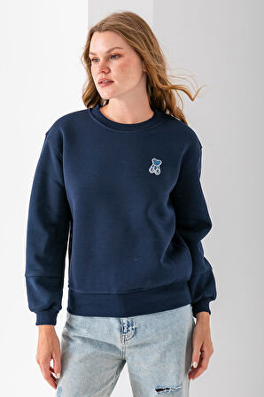 Kadın Bisiklet Yaka Taşlı Ayıcık Nakışlı 3İp Sweatshirt Lacivert - 2625