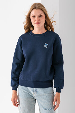 Kadın Bisiklet Yaka Taşlı Ayıcık Nakışlı 3İp Sweatshirt Lacivert - 2625