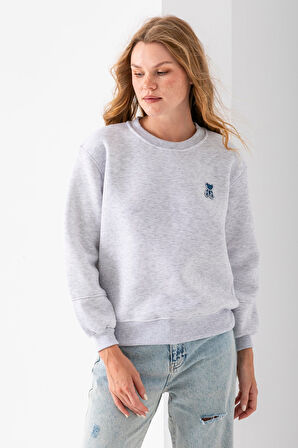 Kadın Bisiklet Yaka Taşlı Ayıcık Nakışlı 3İp Sweatshirt Gri - 2625