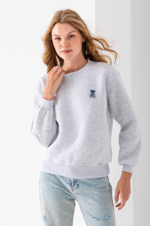 Kadın Bisiklet Yaka Taşlı Ayıcık Nakışlı 3İp Sweatshirt Gri - 2625
