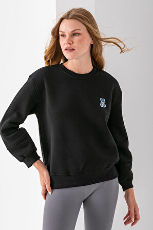 Kadın Bisiklet Yaka Taşlı Ayıcık Nakışlı 3İp Sweatshirt Siyah - 2625