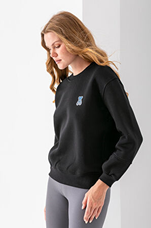 Kadın Bisiklet Yaka Taşlı Ayıcık Nakışlı 3İp Sweatshirt Siyah - 2625