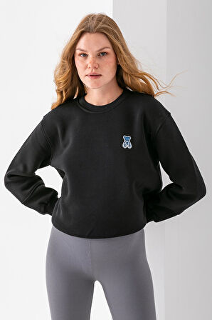 Kadın Bisiklet Yaka Taşlı Ayıcık Nakışlı 3İp Sweatshirt Siyah - 2625