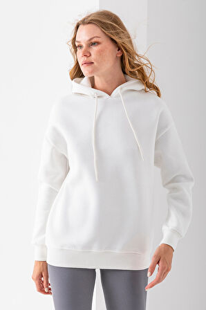 Kadın Kapüşonlu Basic 3İp Sweatshirt Beyaz - 2604