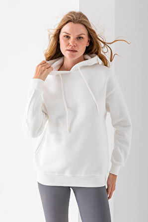 Kadın Kapüşonlu Basic 3İp Sweatshirt Beyaz - 2604