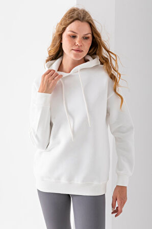 Kadın Kapüşonlu Basic 3İp Sweatshirt Beyaz - 2604