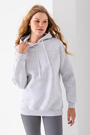 Kadın Kapüşonlu Basic 3İp Sweatshirt Gri - 2604