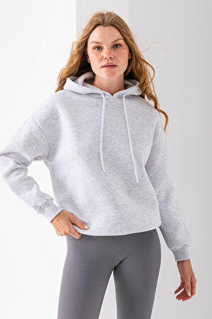 Kadın Kapüşonlu Basic 3İp Sweatshirt Gri - 2604