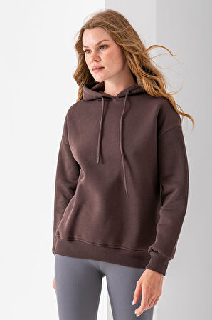 Kadın Kapüşonlu Basic 3İp Sweatshirt Kahverengi - 2604