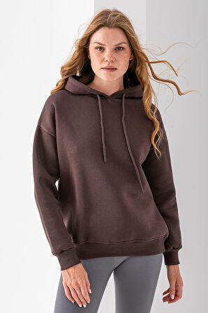 Kadın Kapüşonlu Basic 3İp Sweatshirt Kahverengi - 2604