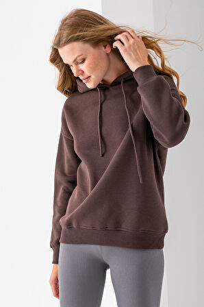 Kadın Kapüşonlu Basic 3İp Sweatshirt Kahverengi - 2604