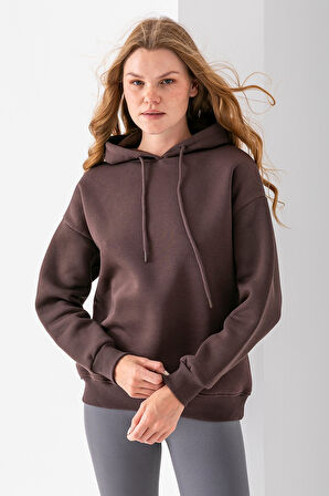 Kadın Kapüşonlu Basic 3İp Sweatshirt Kahverengi - 2604
