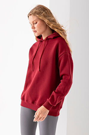 Kadın Kapüşonlu Basic 3İp Sweatshirt Bordo - 2604