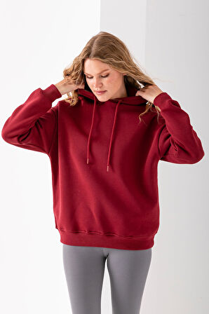 Kadın Kapüşonlu Basic 3İp Sweatshirt Bordo - 2604