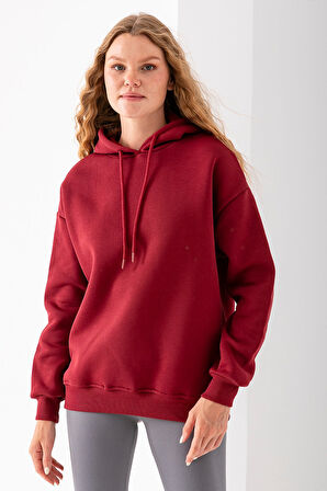 Kadın Kapüşonlu Basic 3İp Sweatshirt Bordo - 2604