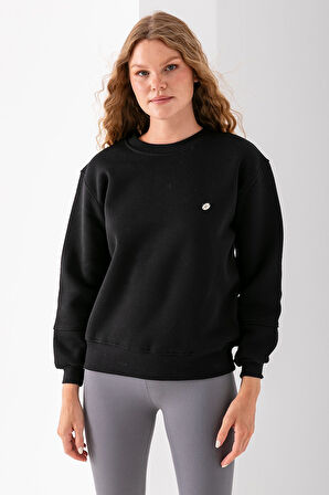 Kadın Bisiklet Yaka Fiyonk Aksesuarlı 3İp Sweatshirt Siyah - 2624