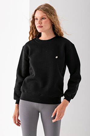 Kadın Bisiklet Yaka Fiyonk Aksesuarlı 3İp Sweatshirt Siyah - 2624