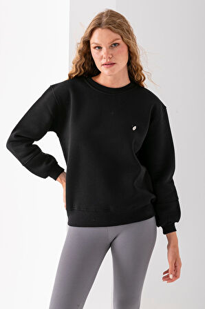 Kadın Bisiklet Yaka Fiyonk Aksesuarlı 3İp Sweatshirt Siyah - 2624