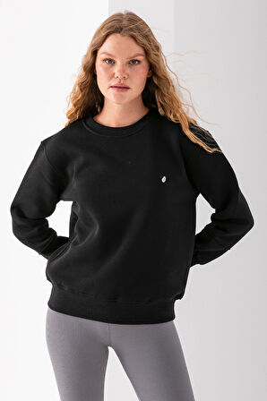 Kadın Bisiklet Yaka Fiyonk Aksesuarlı 3İp Sweatshirt Siyah - 2624