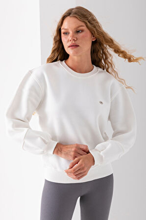 Kadın Bisiklet Yaka Fiyonk Aksesuarlı 3İp Sweatshirt Beyaz - 2624