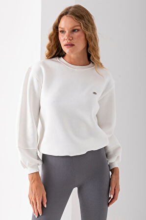 Kadın Bisiklet Yaka Fiyonk Aksesuarlı 3İp Sweatshirt Beyaz - 2624
